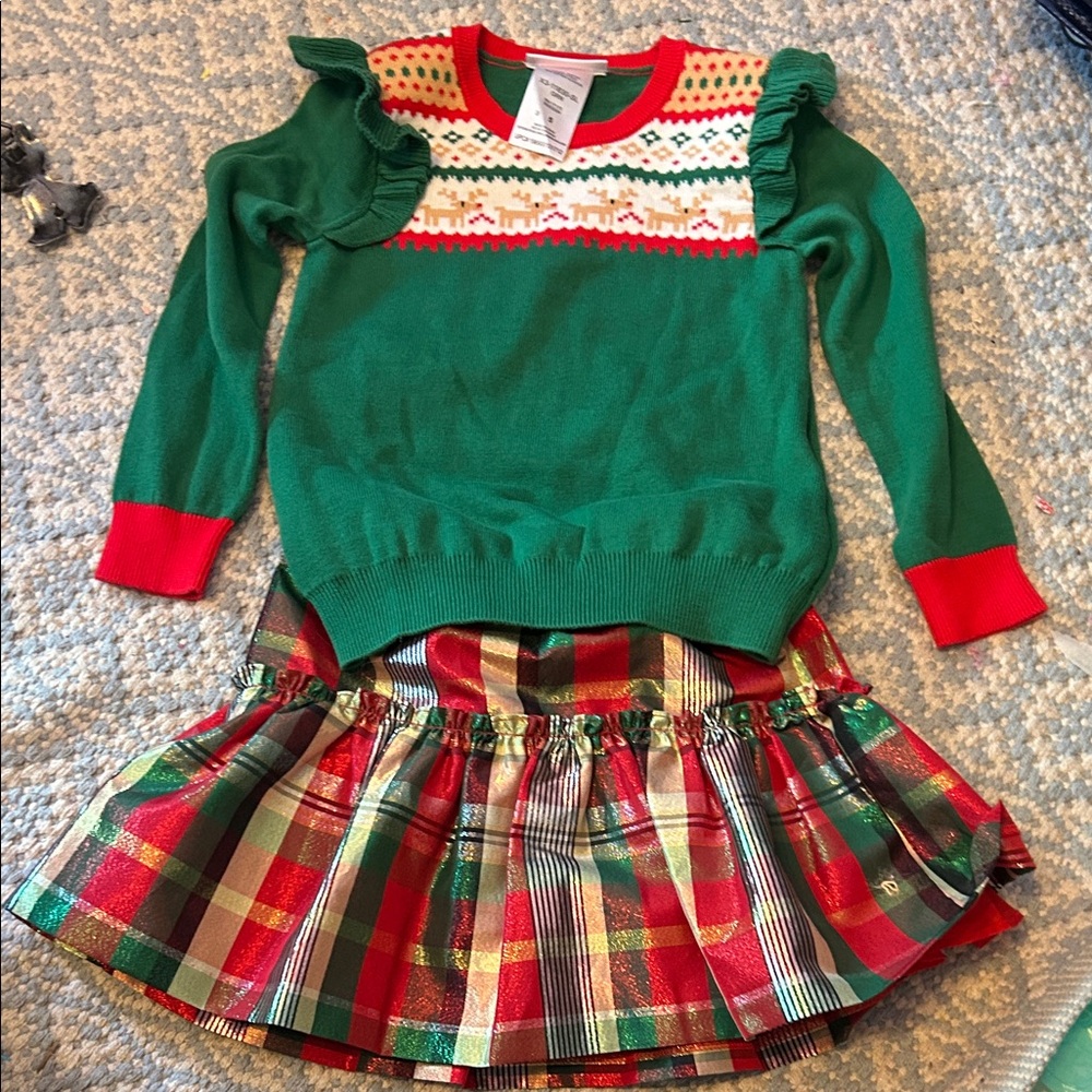 NWOT BONNIE JEAN CHRISTMAS SET Festive Green Sweater and Plaid Skirt Set size 5